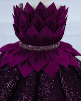 Dark Purple Sequence Panel Gown with a Petal Style Detachable Top.