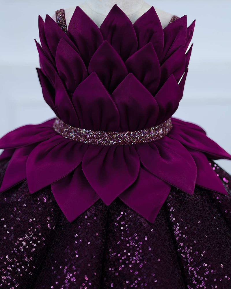 Dark Purple Sequence Panel Gown with a Petal Style Detachable Top.
