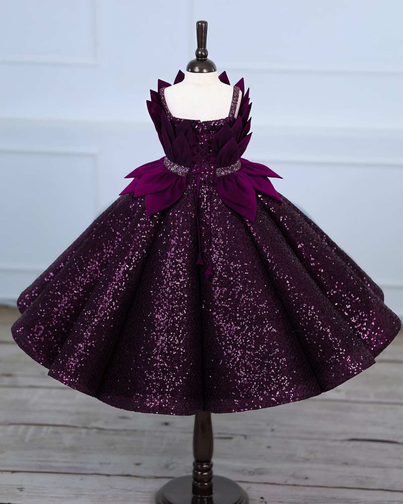 Dark Purple Sequence Panel Gown with a Petal Style Detachable Top.