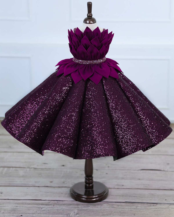 Dark Purple Sequence Panel Gown with a Petal Style Detachable Top.