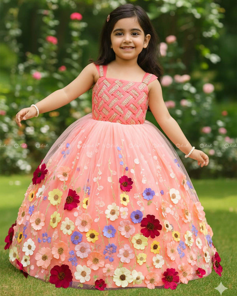 Coral Embroidery Ball Gown with Weaving Yoke Pattern and Highlighted Handwork.