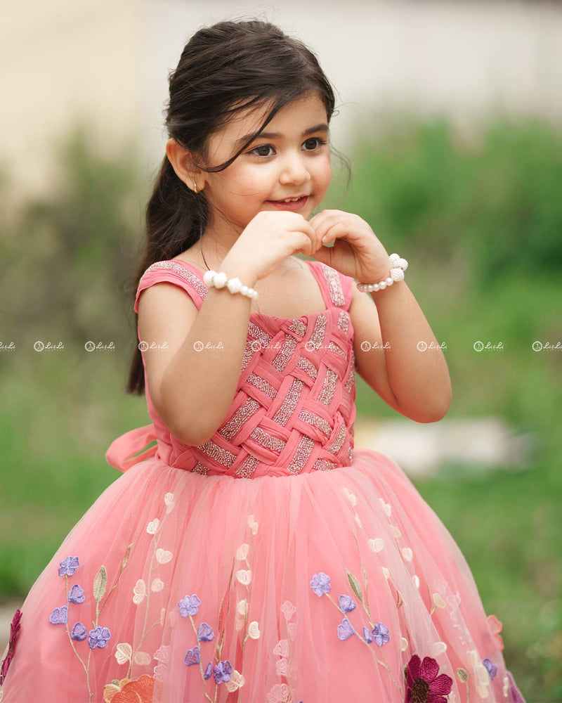 Coral Embroidery Ball Gown with Weaving Yoke Pattern and Highlighted Handwork.