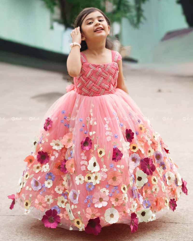 Coral Embroidery Ball Gown with Weaving Yoke Pattern and Highlighted Handwork.