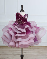 Plum Purple and Onion Pink ombre shaded pleated one shoulder couture gown