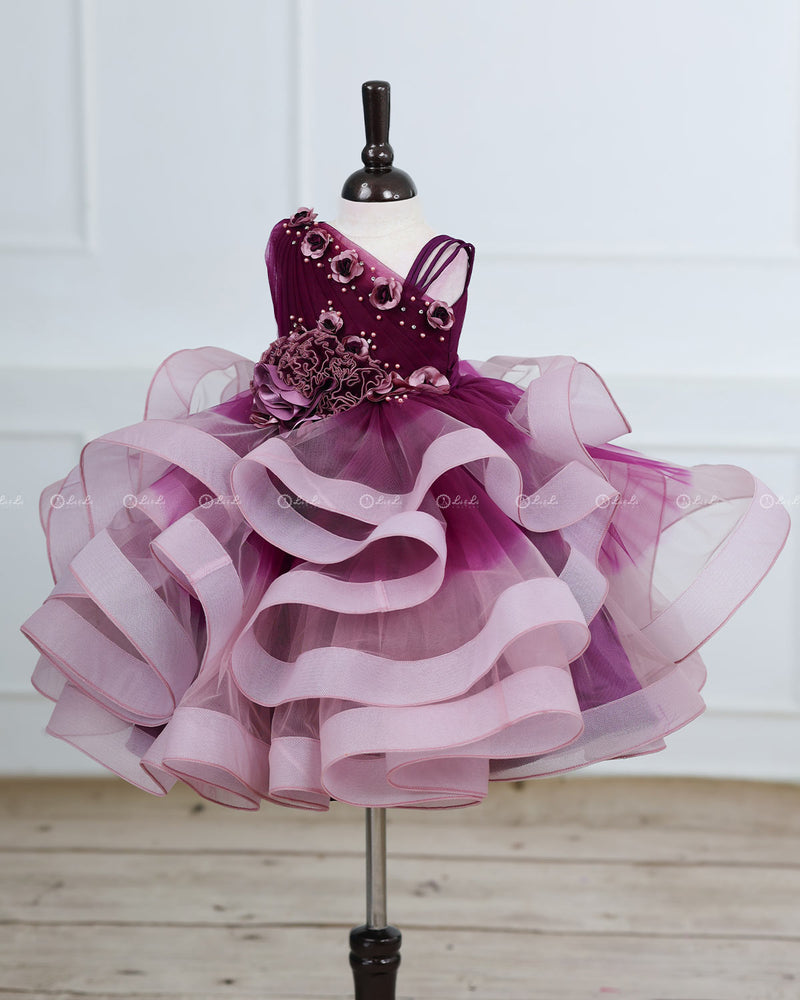 Plum Purple and Onion Pink ombre shaded pleated one shoulder couture gown