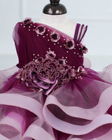 Plum Purple and Onion Pink ombre shaded pleated one shoulder couture gown