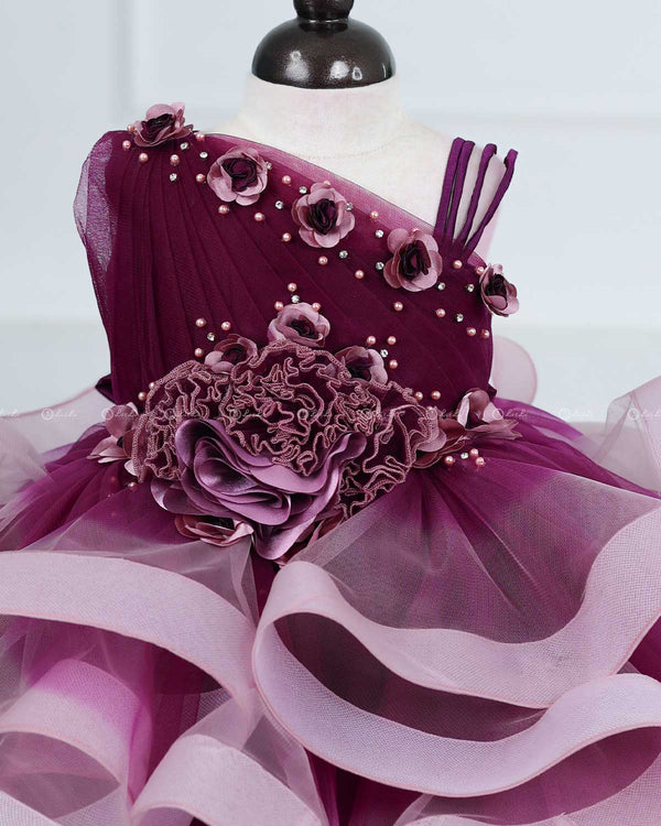 Plum Purple and Onion Pink ombre shaded pleated one shoulder couture gown