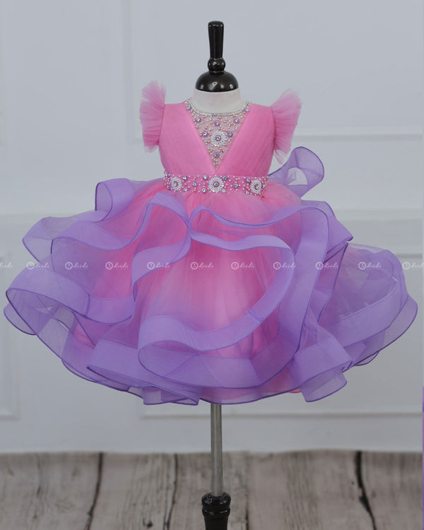 Pink and Lavender Twirled Gown with Rich White Bead Work
