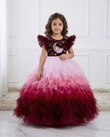 Burgundy Fairy Moon Theme Feather Frill Gown