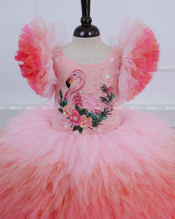 Flamingo Multi Shaded Feather Frill with Heavy Intricated Handwork on Yoke