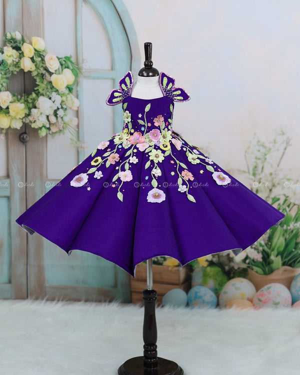 Navy Blue Panel Gown with Heavy Embellished Flowers