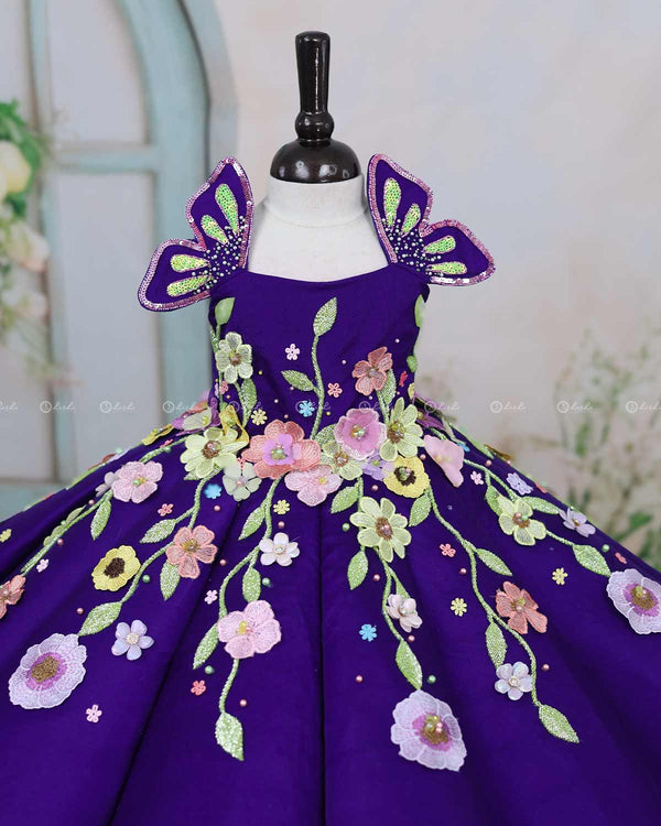 Navy Blue Panel Gown with Heavy Embellished Flowers
