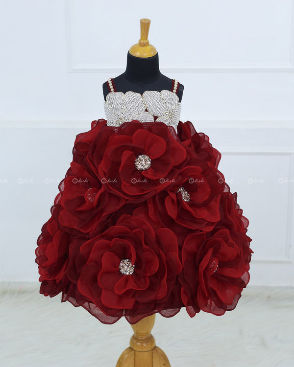 Maroon and Red Short Frock Highlighted with Hand Embellished Flower Petals.