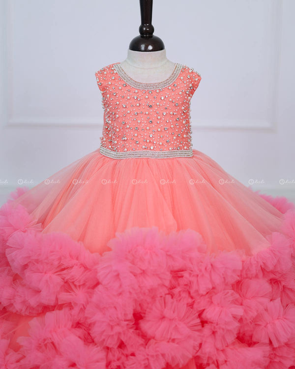 Rose Pink Netted Frilled Fluffy Gown with White Crystal and Beads Work