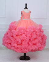 Rose Pink Netted Frilled Fluffy Gown with White Crystal and Beads Work