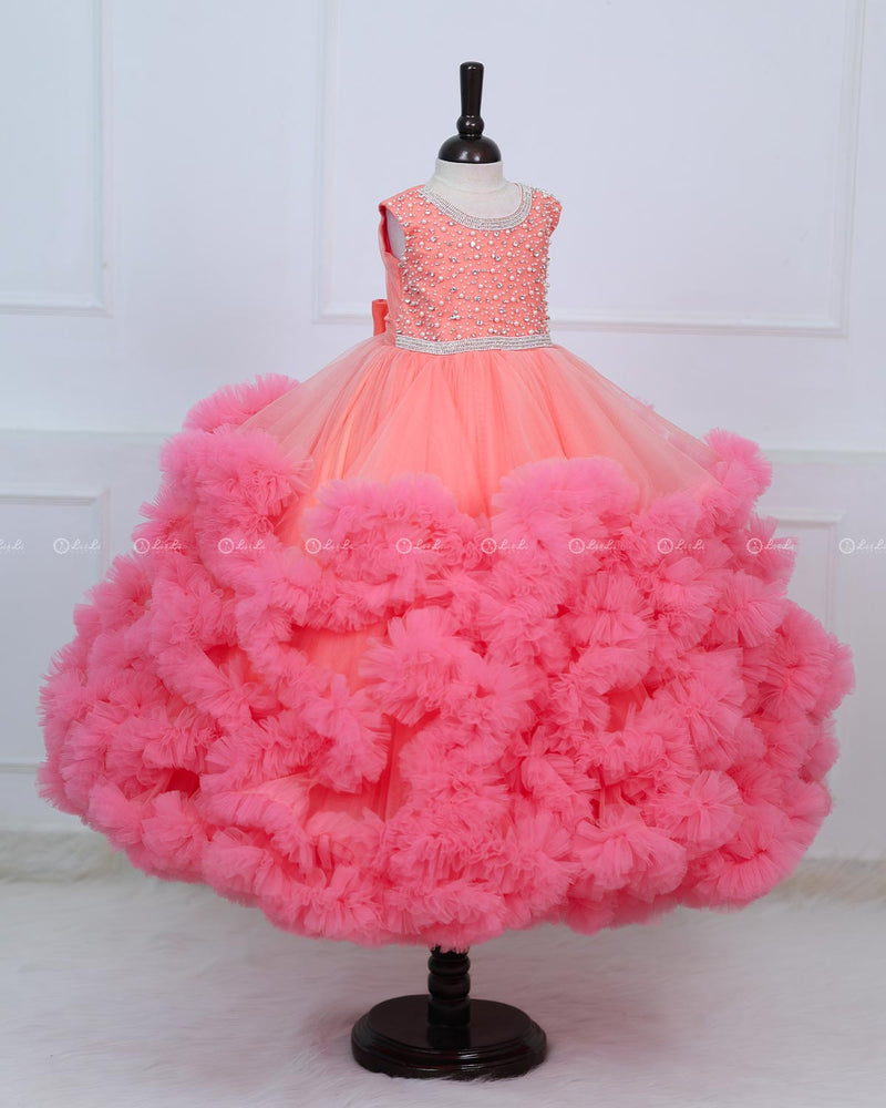 Rose Pink Netted Frilled Fluffy Gown with White Crystal and Beads Work