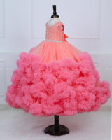 Rose Pink Netted Frilled Fluffy Gown with White Crystal and Beads Work