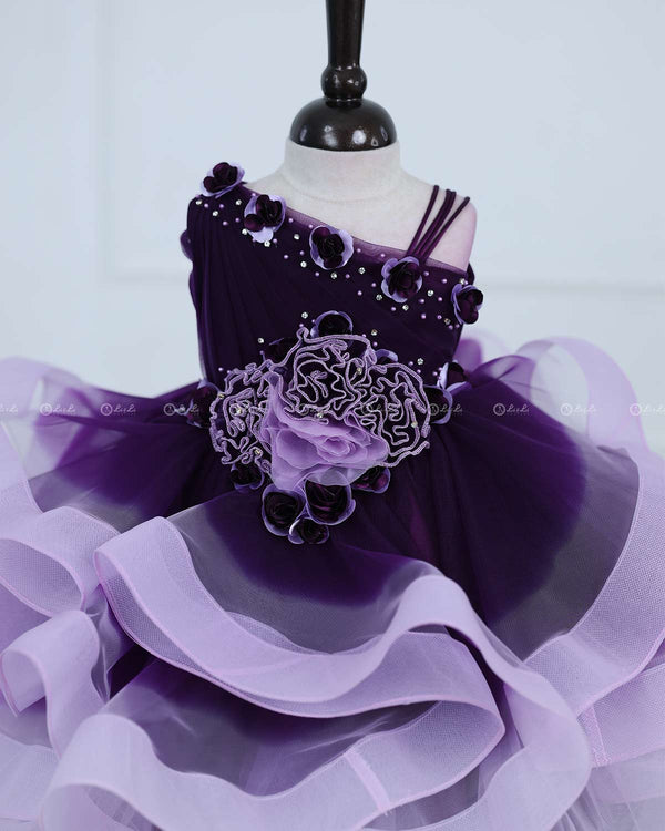 Dark Purple and Pink Lavender ombre shaded pleated one shoulder couture gown