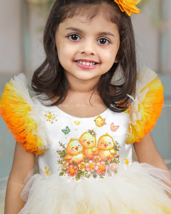White Bodice Dress With Chick Print And Layered Yellow-Orange Feathered Gown