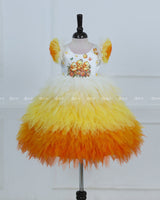 White Bodice Dress With Chick Print And Layered Yellow-Orange Feathered Skirt