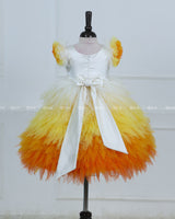 White Bodice Dress With Chick Print And Layered Yellow-Orange Feathered Skirt