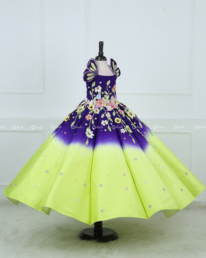 Dark purple and Green Panel Gown with Heavy Embellished Flowers