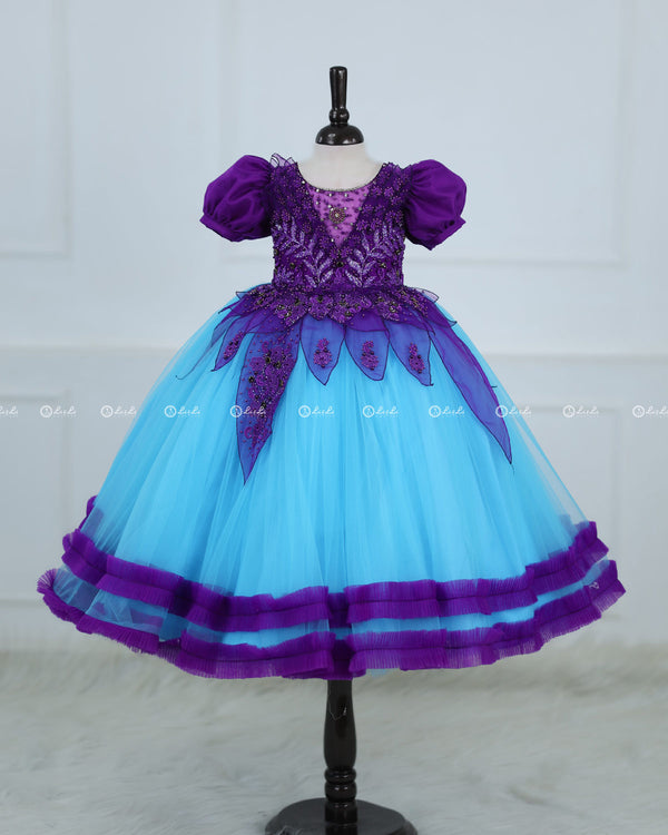 Purple and Sky Blue Part Wear Gown with Heavy and Crafted Yoke and Petal Detailing