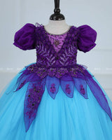 Purple and Sky Blue Part Wear Gown with Heavy and Crafted Yoke and Petal Detailing
