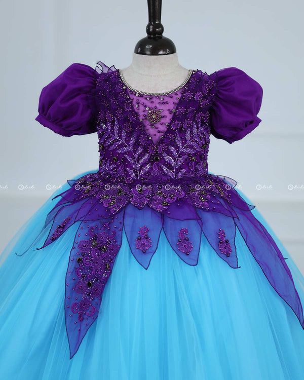 Purple and Sky Blue Part Wear Gown with Heavy and Crafted Yoke and Petal Detailing