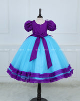 Purple and Sky Blue Part Wear Gown with Heavy and Crafted Yoke and Petal Detailing