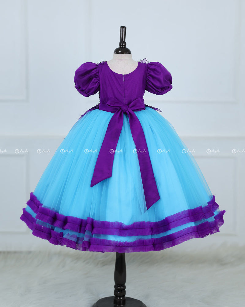 Purple and Sky Blue Part Wear Gown with Heavy and Crafted Yoke and Petal Detailing