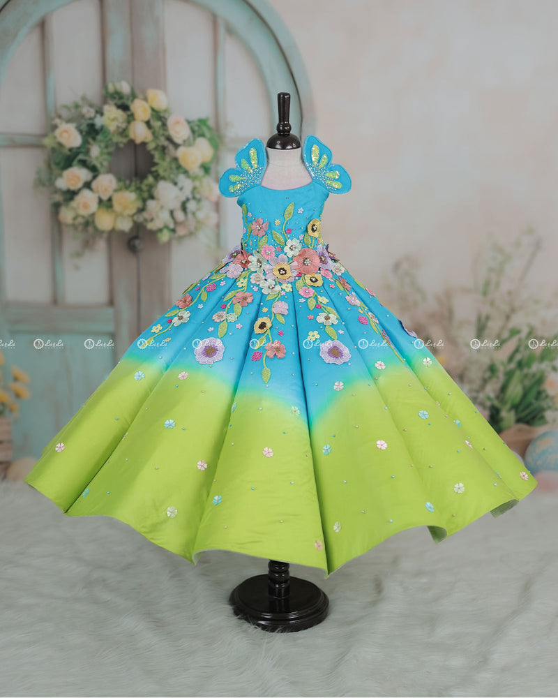Lime Green and Turquoise Blue Panel  Gown with Heavy Embellished Flowers