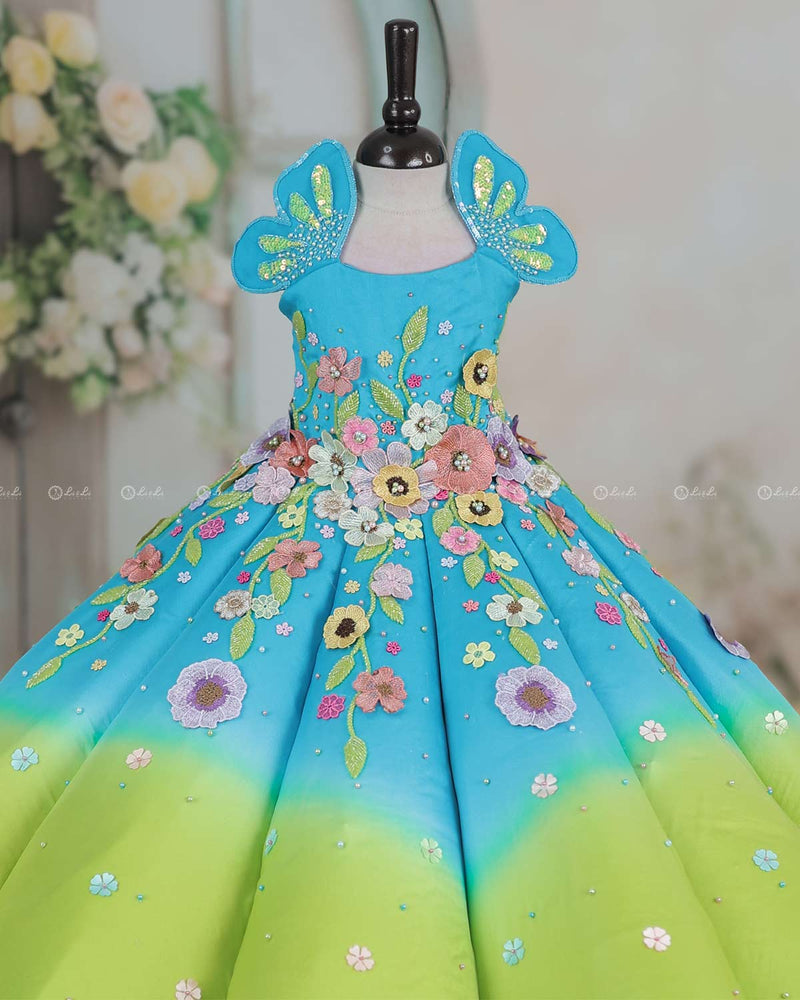 Lime Green and Turquoise Blue Panel  Gown with Heavy Embellished Flowers