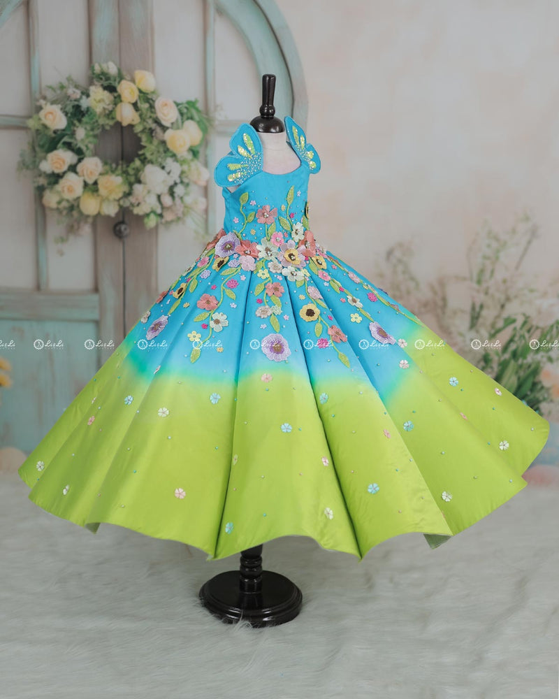 Lime Green and Turquoise Blue Panel  Gown with Heavy Embellished Flowers