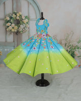 Lime Green and Turquoise Blue Panel  Gown with Heavy Embellished Flowers