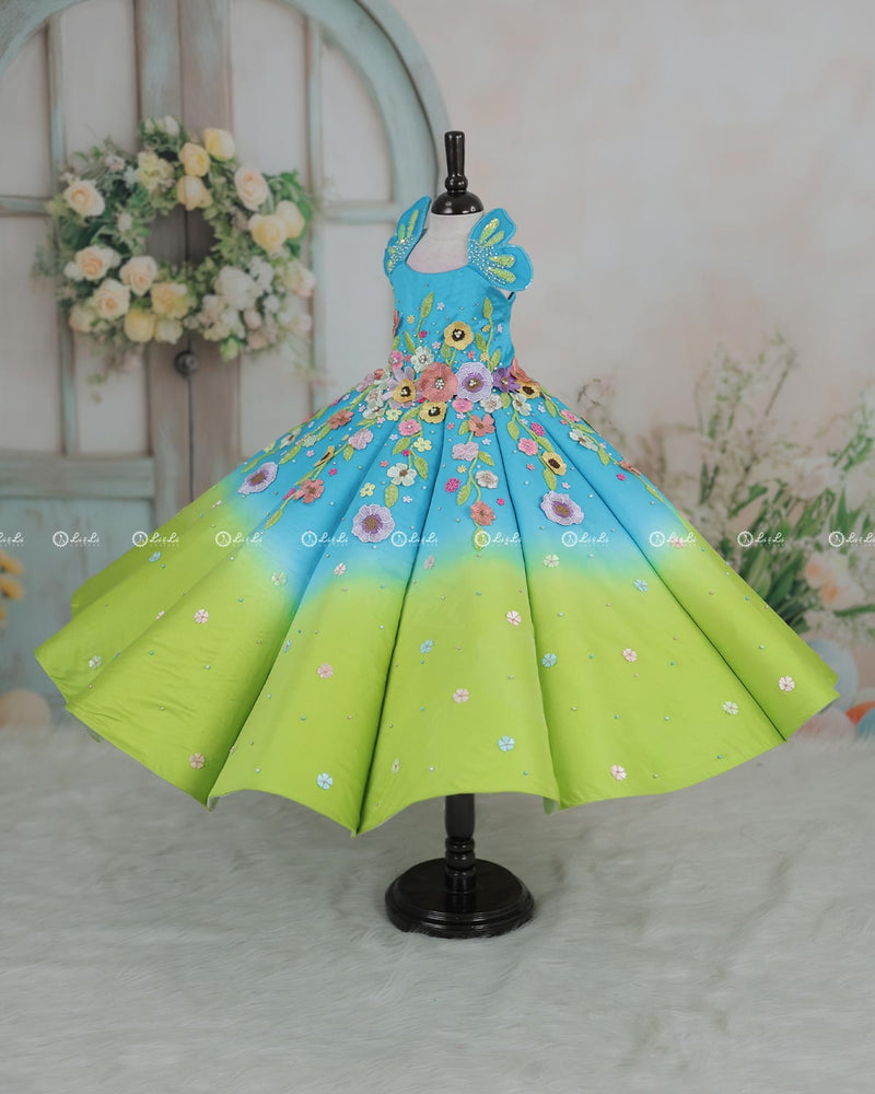 Lime Green and Turquoise Blue Panel  Gown with Heavy Embellished Flowers