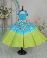 Lime Green and Turquoise Blue Panel  Gown with Heavy Embellished Flowers