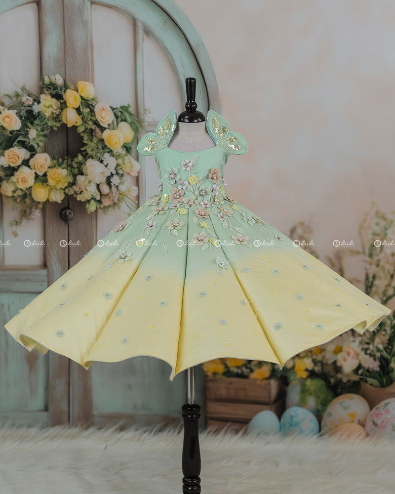 Sage Green and Macaron Yellow Panel  Gown with Heavy Embellished Flowers