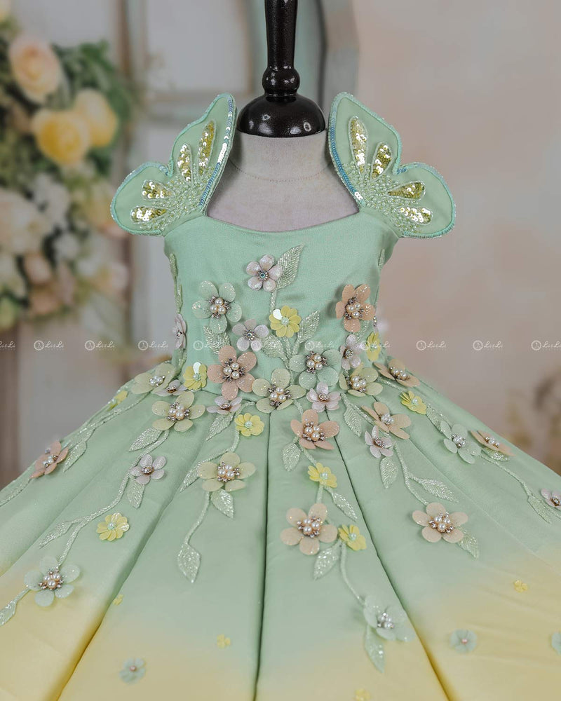Sage Green and Macaron Yellow Panel  Gown with Heavy Embellished Flowers