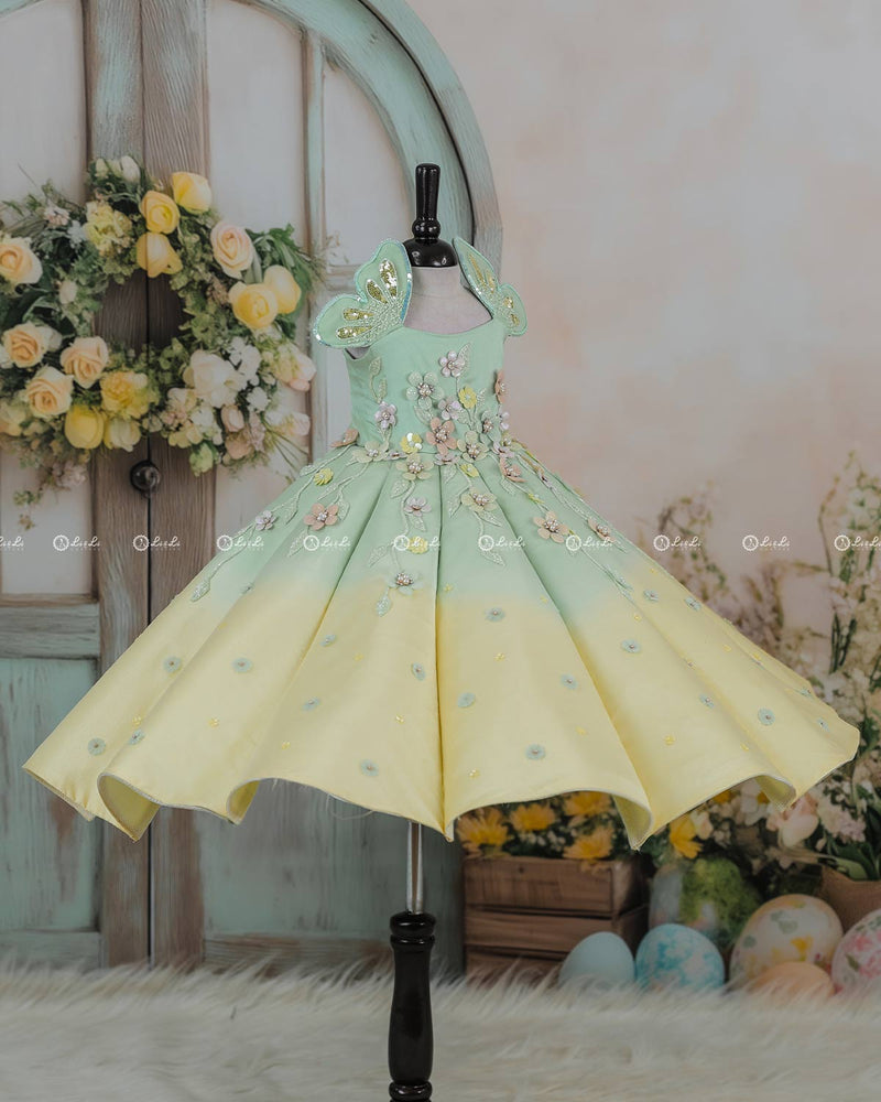 Sage Green and Macaron Yellow Panel  Gown with Heavy Embellished Flowers