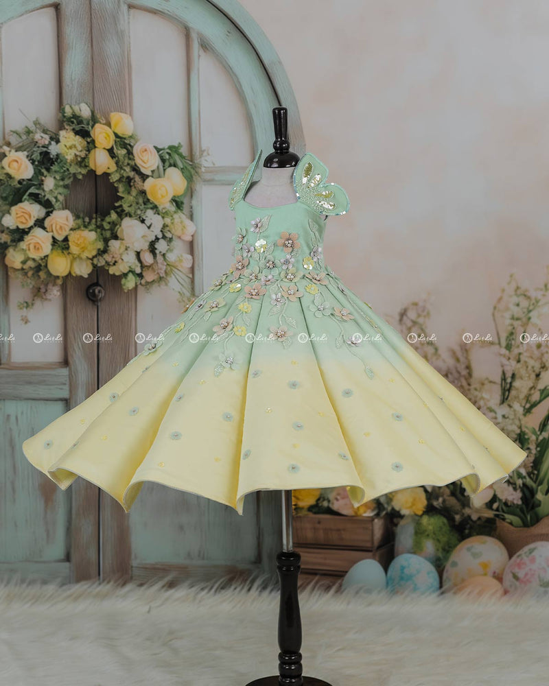 Sage Green and Macaron Yellow Panel  Gown with Heavy Embellished Flowers