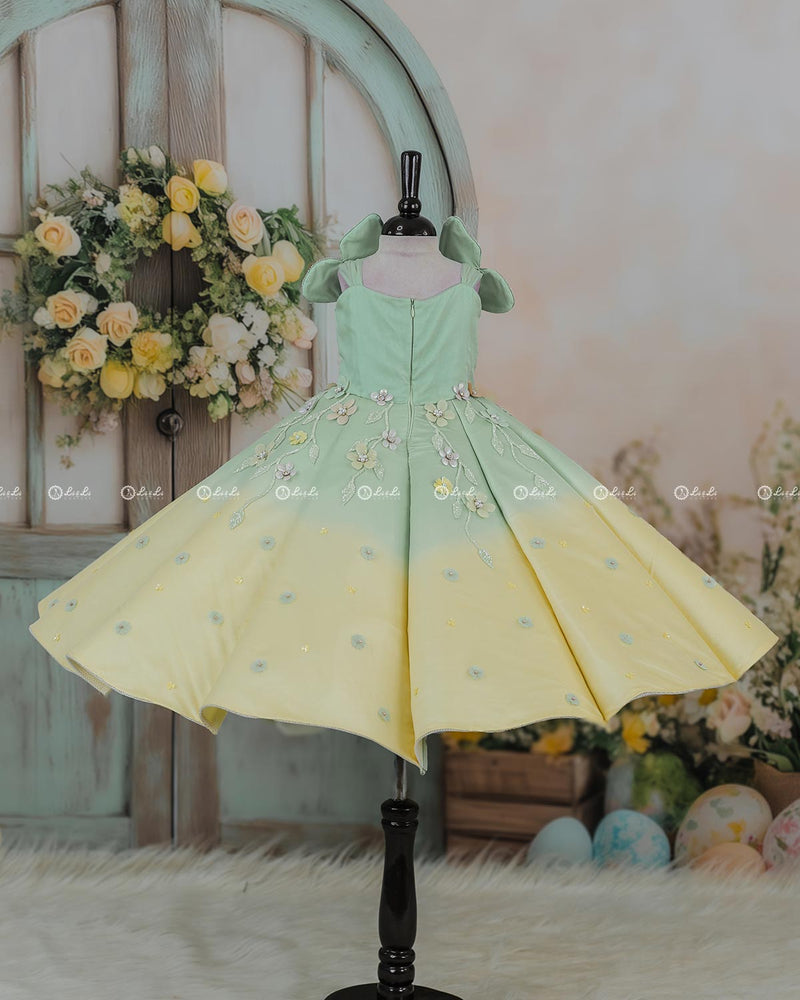 Sage Green and Macaron Yellow Panel  Gown with Heavy Embellished Flowers