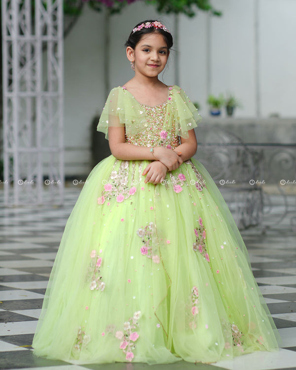 Light Lime Green Powder Blue Gown with Intricate Handworks