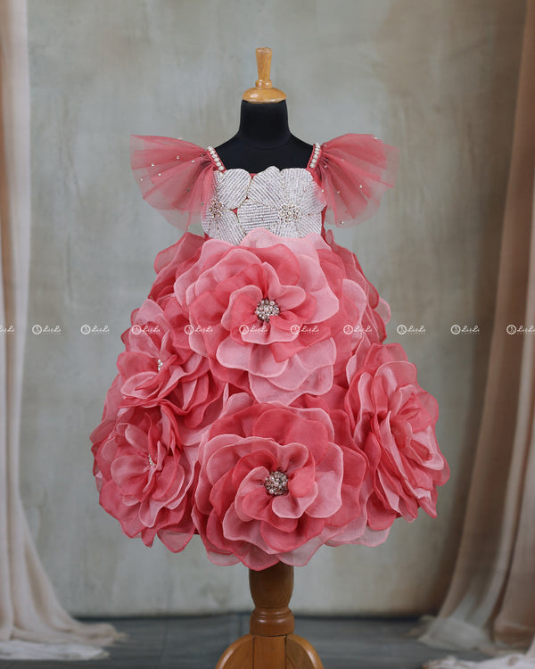 Pastel Pink and Baroque Rose Short Frock Highlighted with Hand Embellished Flower Petals.
