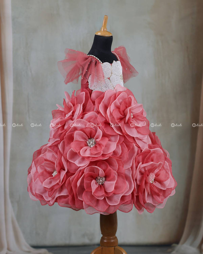 Pastel Pink and Baroque Rose Short Frock Highlighted with Hand Embellished Flower Petals.