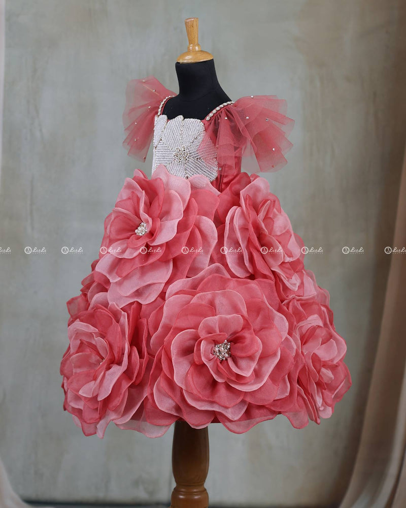 Pastel Pink and Baroque Rose Short Frock Highlighted with Hand Embellished Flower Petals.