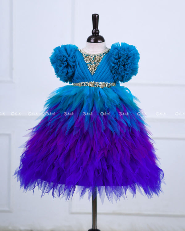Peacock Double Shaded Feather Frilled Gown With Rich Golden Bead Work Gown