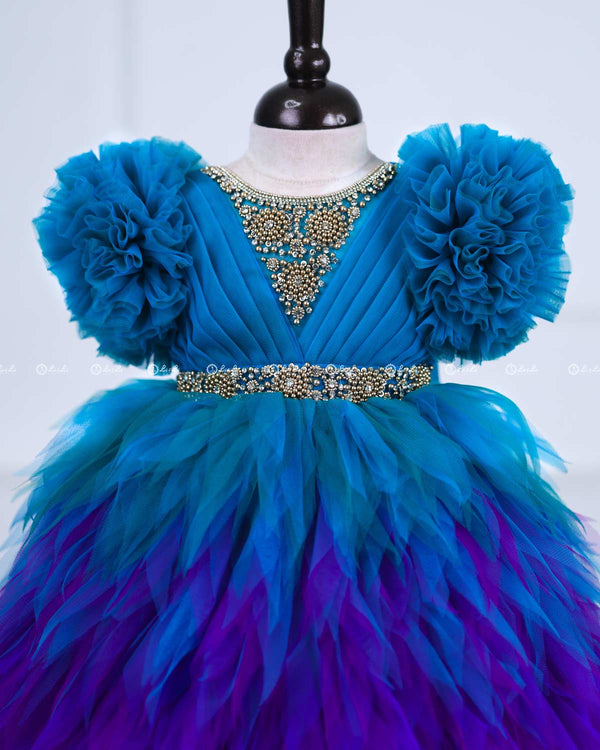 Peacock Double Shaded Feather Frilled Gown With Rich Golden Bead Work Gown
