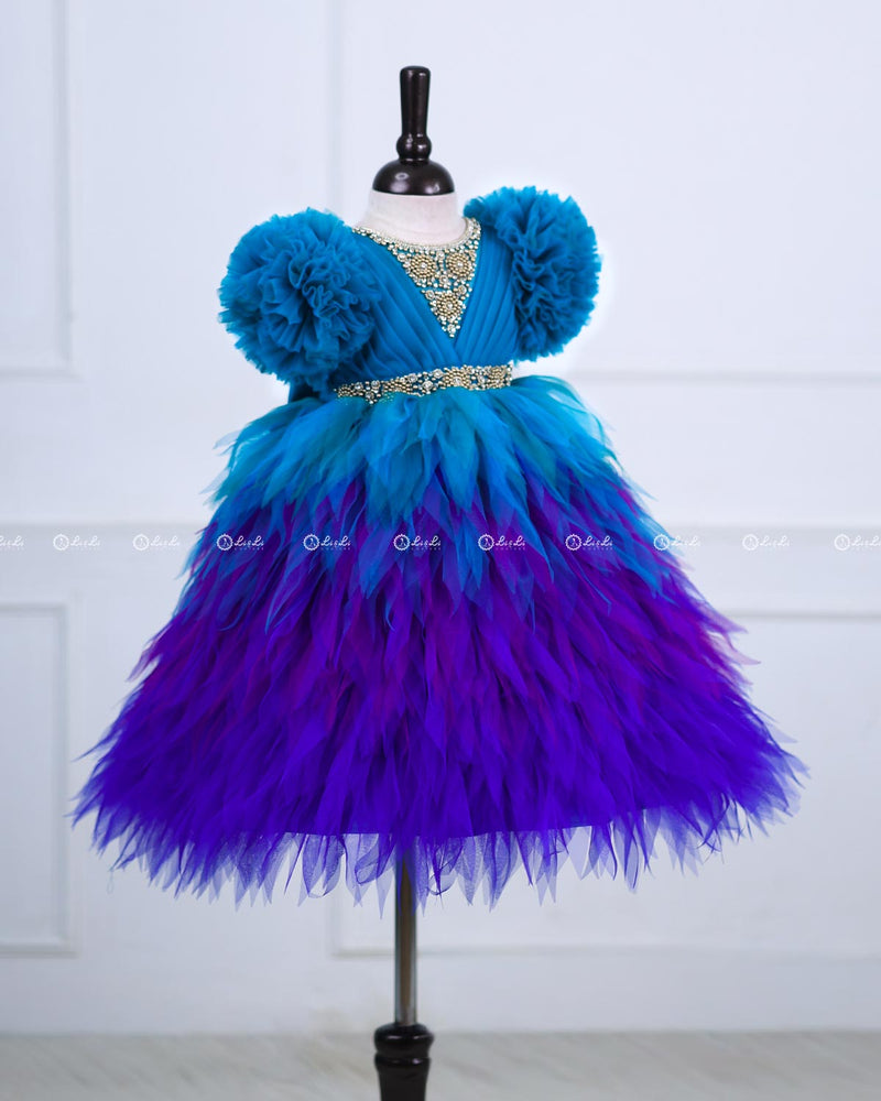 Peacock Double Shaded Feather Frilled Gown With Rich Golden Bead Work Gown