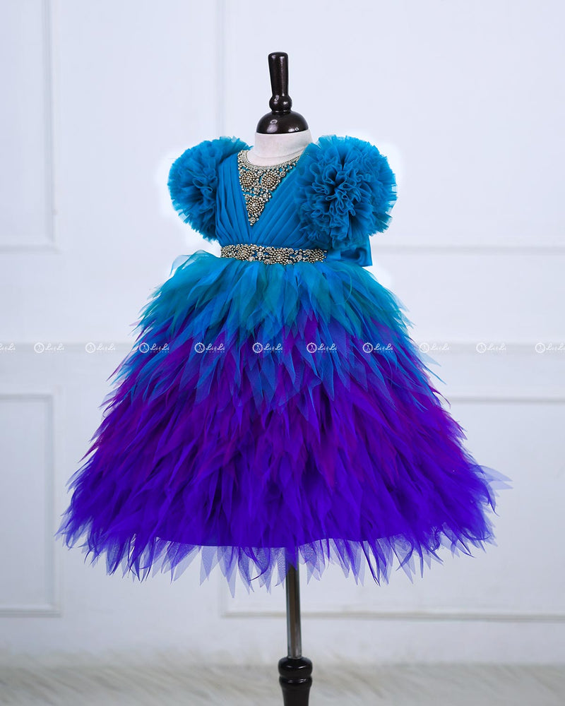 Peacock Double Shaded Feather Frilled Gown With Rich Golden Bead Work Gown